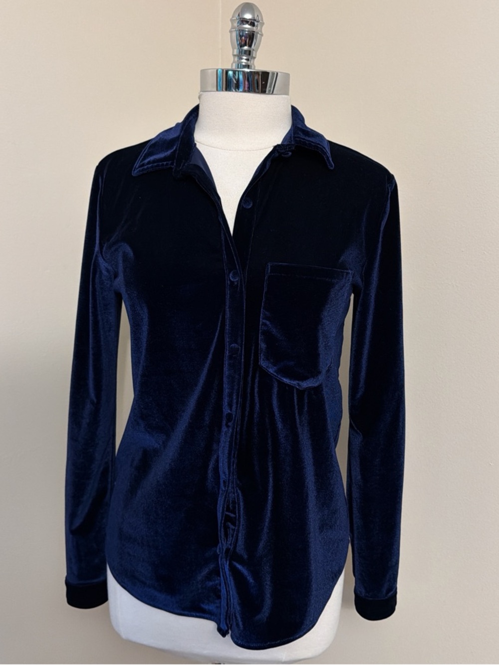 LPA Dark Blue Stretch Velvet Oversized Button Down Shirt XS-S